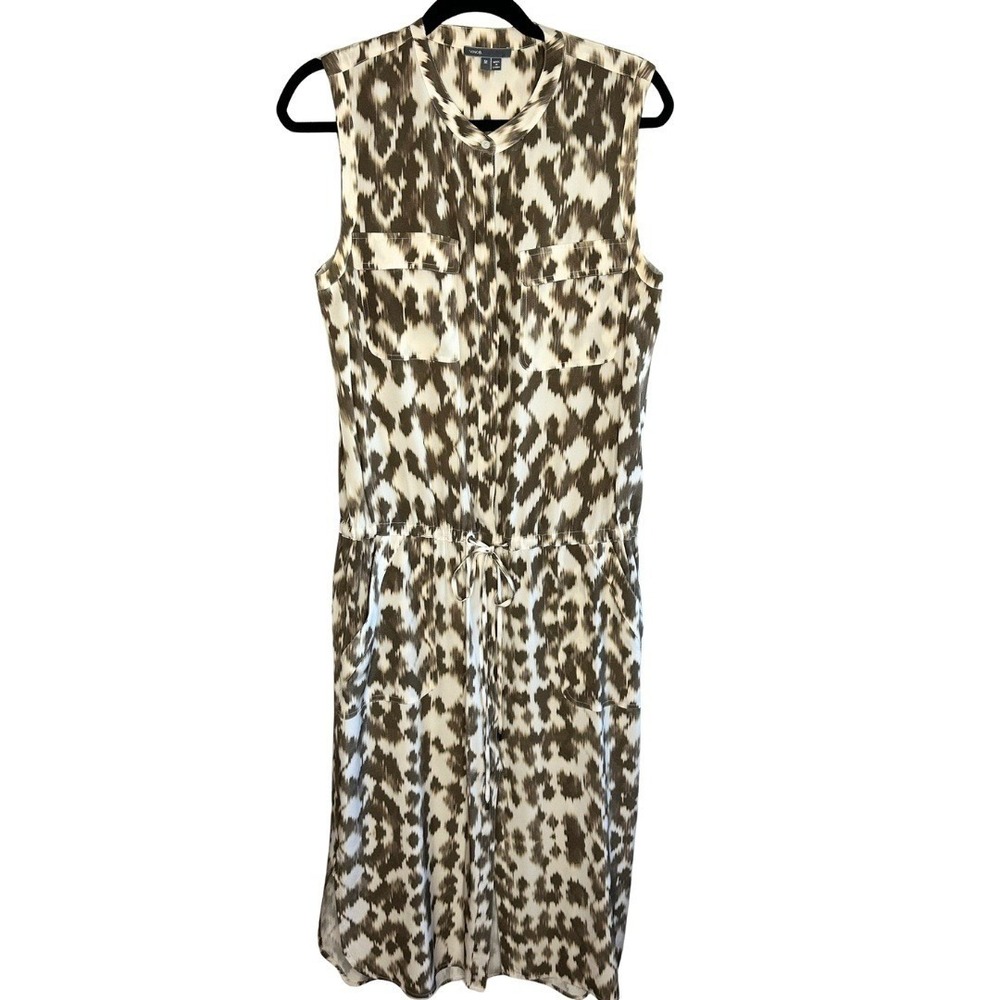 Vince 100% Silk Dress Size M Ikat Print Sleeveless Midi Drawstring Waist
